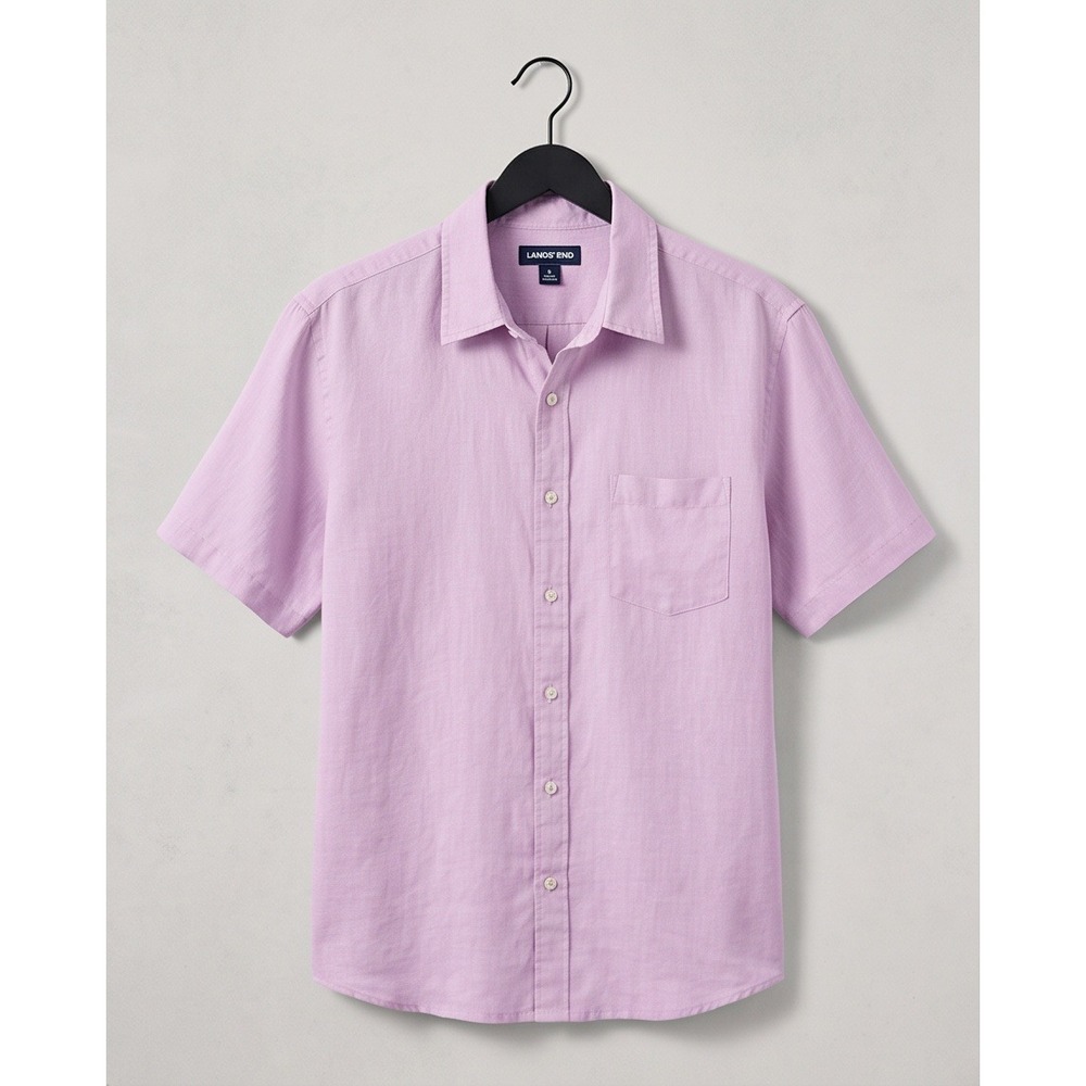 Lands End Mens Large Short Sleeve Linen Button Down Shirt Lavender Pink